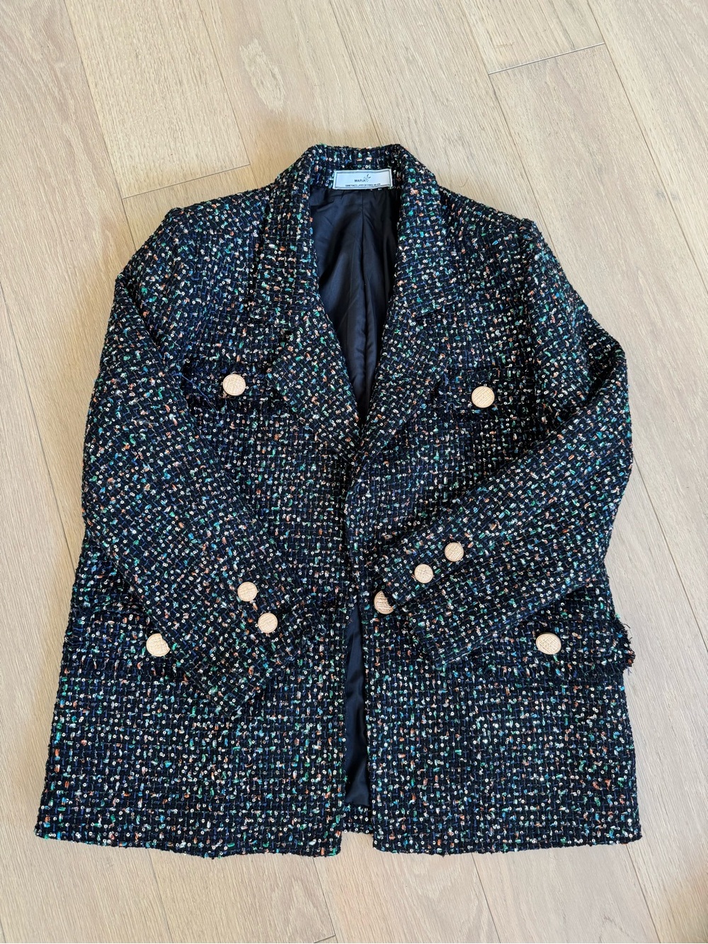 Bouclé Tweed Blazer Jacket with Gold Buttons - Black Multi